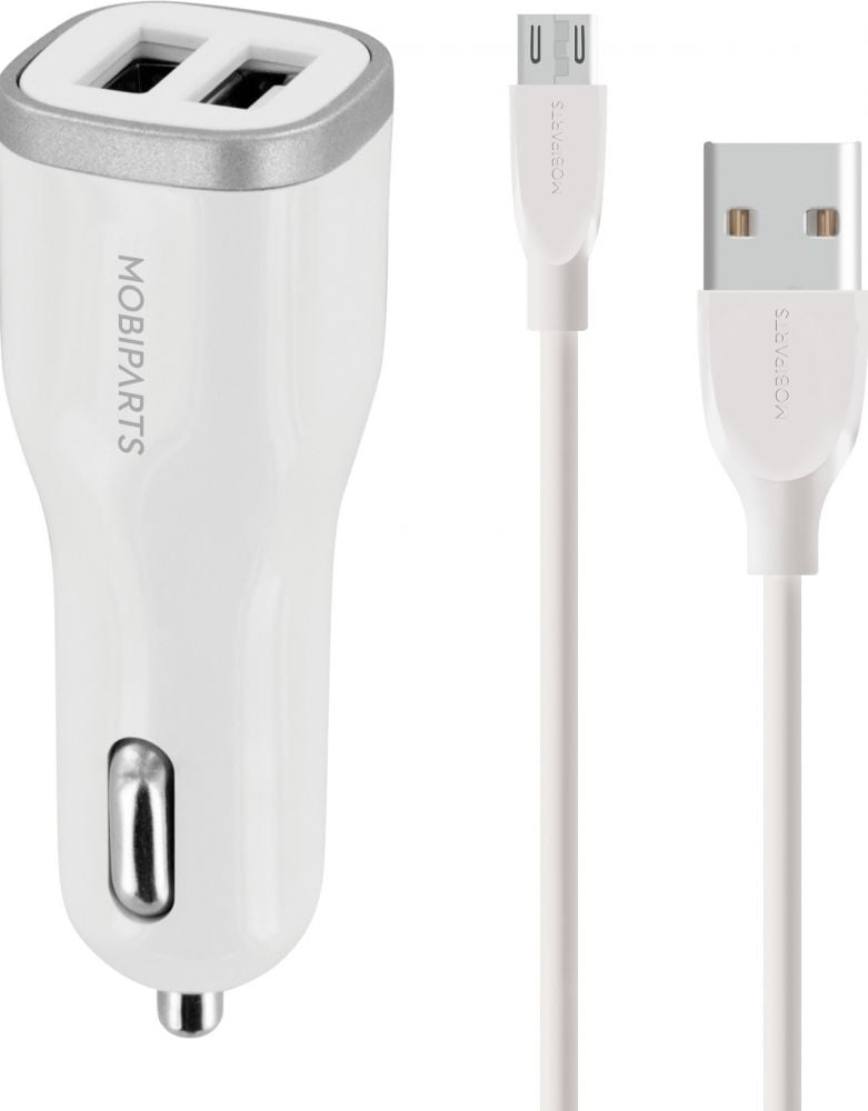 Mobiparts Car Charger Dual USB 4.8A + Micro USB Cable White