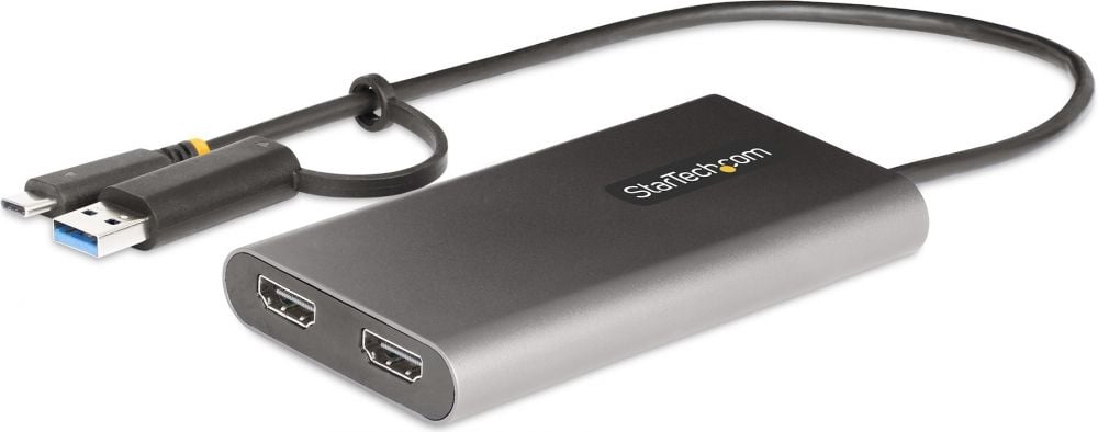 StarTech.com USB-C to Dual-HDMI Adapter, USB-C or A to 2x HDMI, 4K 60Hz, 100W PD Pass-Through, 1ft (30cm) Built-in Cable, External Video Graphics