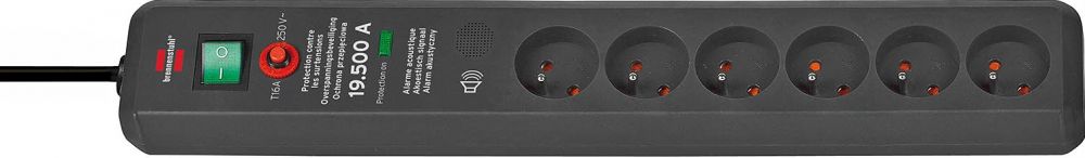 Brennenstuhl Secure-Tec, stekkerdoos, 6 sockets type E, 3m, zwart, met schakelaar en overspanningsbeveiliging. 1 stk