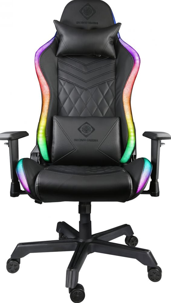 RGB-gamingstoel in kunstleer met ergonomische overeenkomsten met een racestoel die je in rallyauto's ziet! Met hoge rug en extra kussens voor