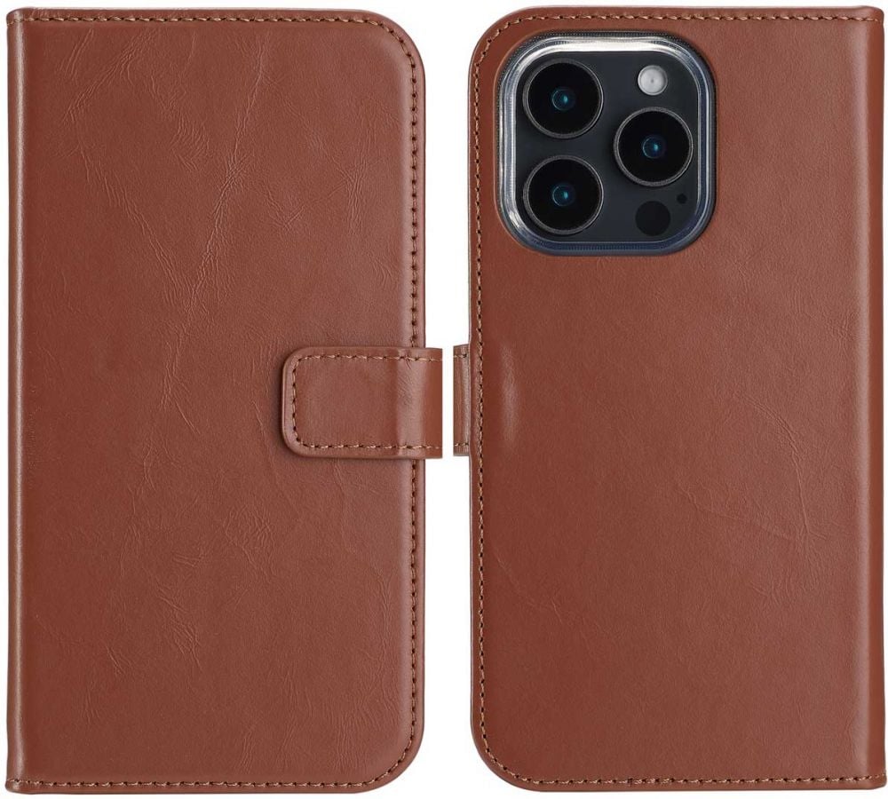 Selencia Echt Lederen Bookcase iPhone 16 Pro - Lichtbruin
