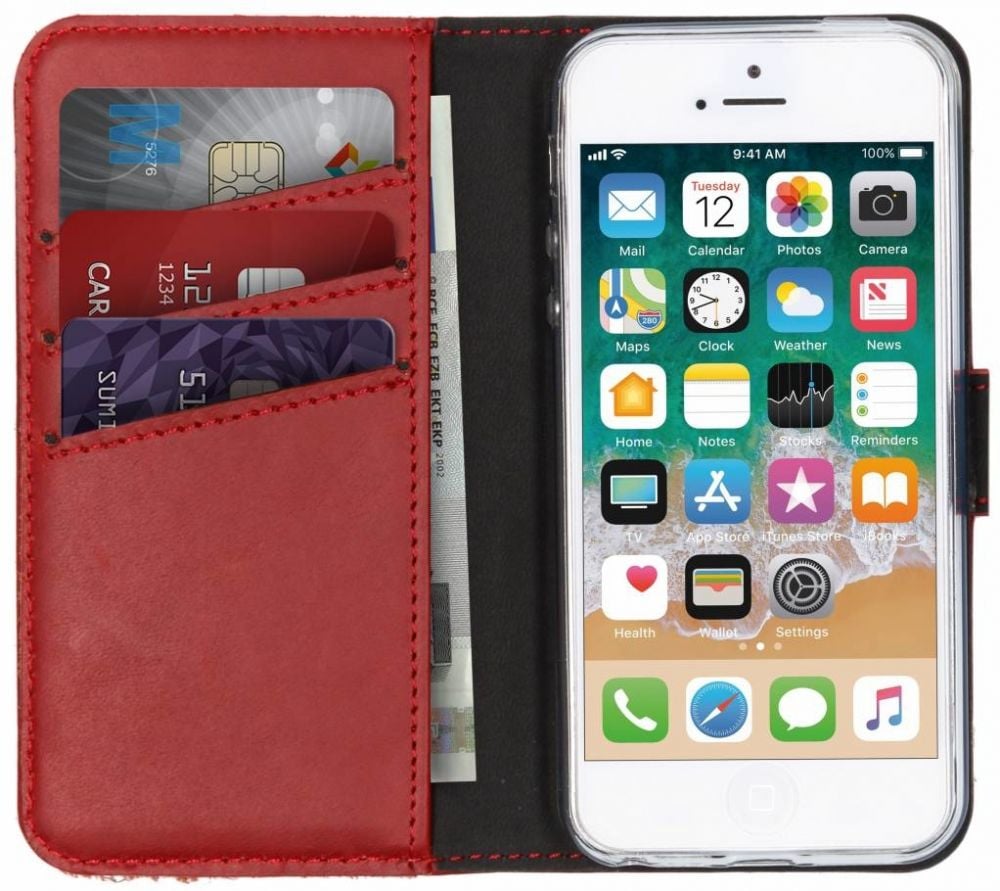 Selencia Echt Lederen Bookcase iPhone SE / 5 / 5s - Rood