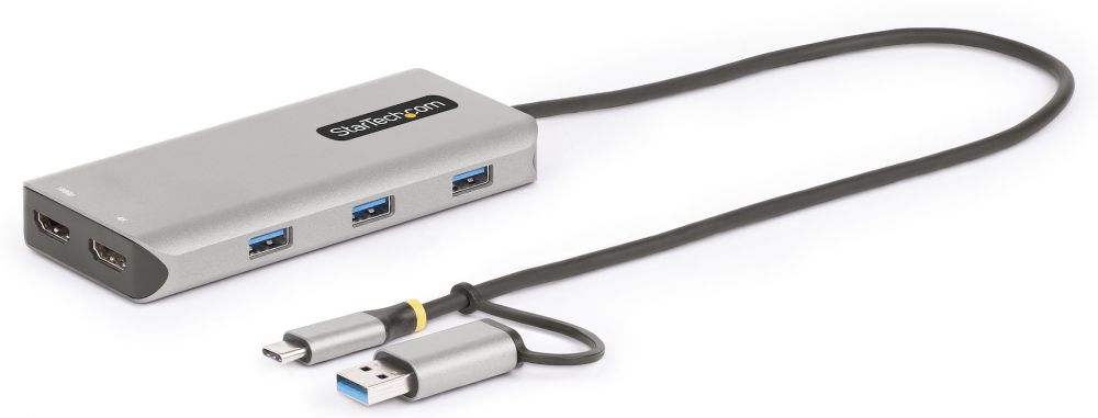 StarTech.com USB-C Multiport Adapter wAttached USB-C to USB-A Dongle, Dual HDMI (4K30Hz1080p60Hz), 3x USB-A, Mini Laptop Docking Station, Travel Dock,