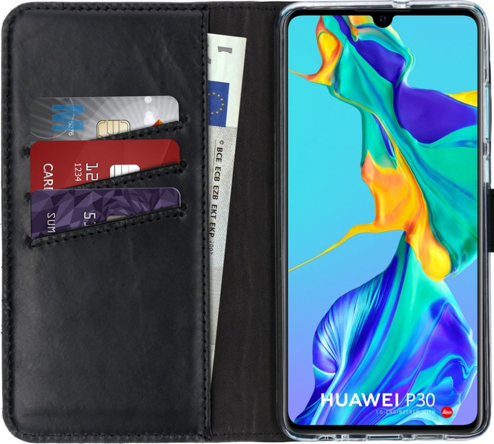 Selencia Echt Lederen Bookcase Huawei P30 - Zwart