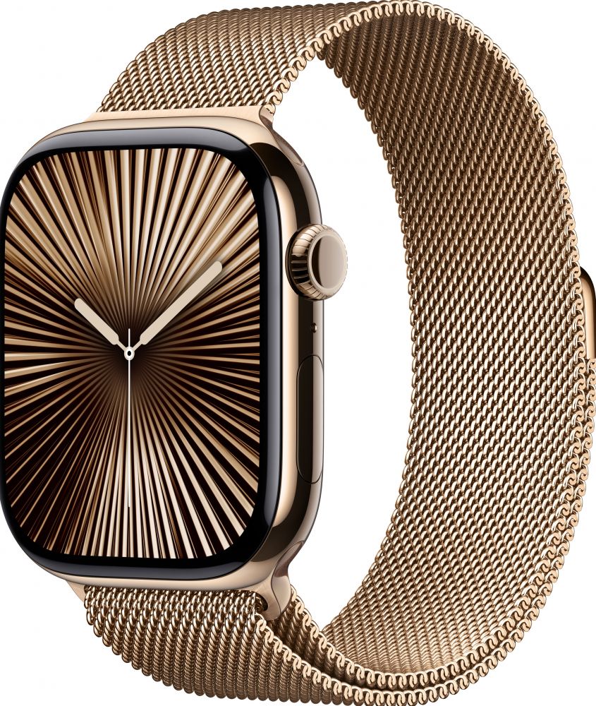 Apple Watch Series 10 - Wifi + 4G - 46mm - Gouden Titanium Case met Gouden Milanese band - S/M