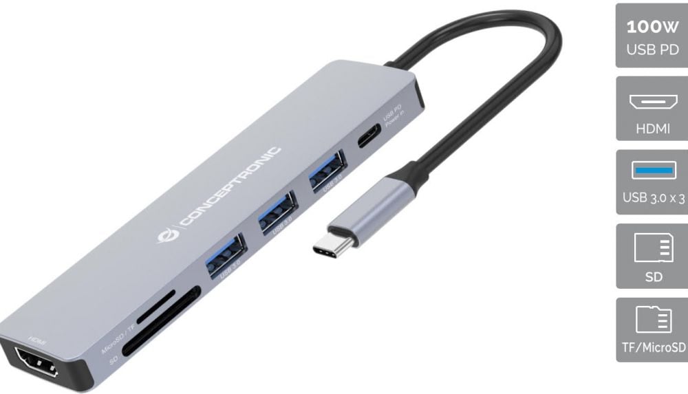 CONCEPTRONIC Dock USB-C-> 7-in-1 HDMI,USB3.0,SD,100WPD grau