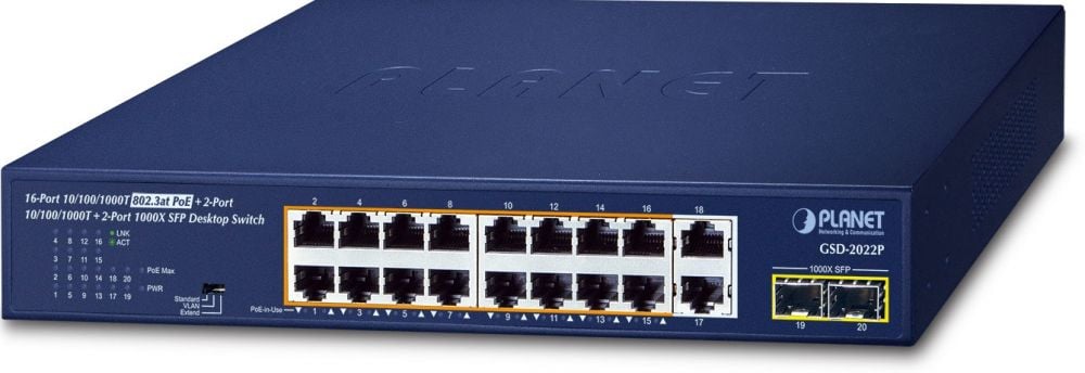 PLANET 16-Port GE 802.3at + 2-Port GE + 2-Port 1000X SFP
