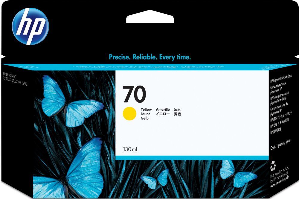 HP 70 gele DesignJet inktcartridge, 130 ml, Normaal rendement, Geel, Inkt op pigmentbasis, 130 ml, 1 stuk(s)