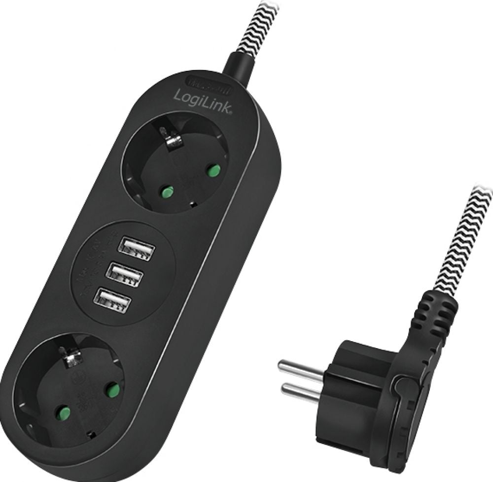 LogiLink stekker omlijsting 2-lade ,2xCEE 7/3+3xUSB-A,Textilkab