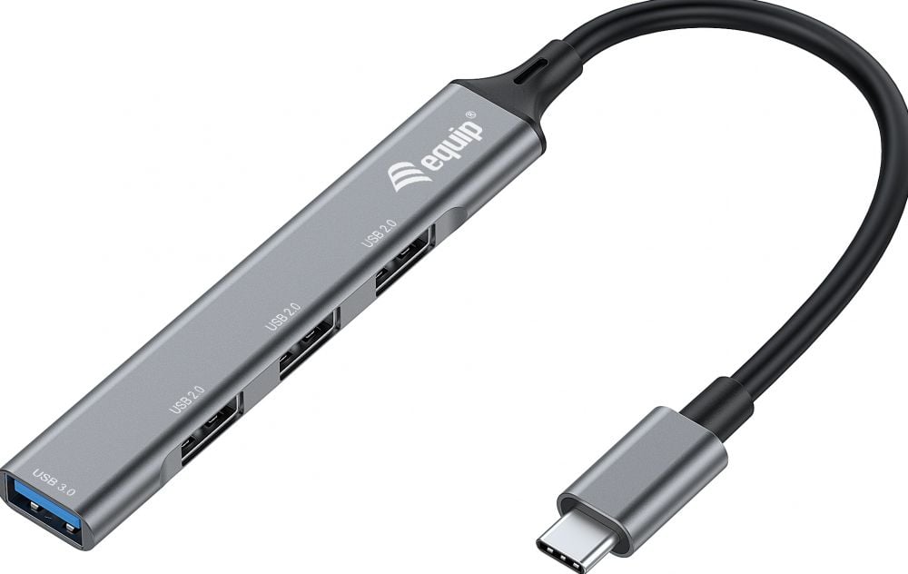Equip USB-Hub 4-Port 1x3.0/3x2.0 USB->USB-C o.voeding grijs