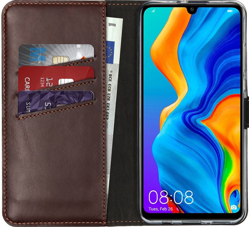 Selencia Echt Lederen Bookcase Huawei P30 Lite - Bruin