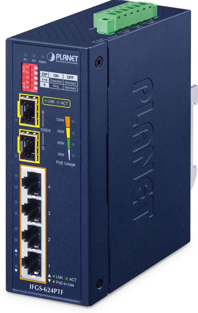 PLANET Industrial 4-Port 100TX+2-Port 100TX SFP IFGS-624PTF