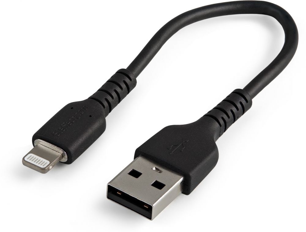 STARTECH StarTech.com 15cm(6 in) Durable Black USB-A to Lightning Cable, Heavy Duty Rugged Aramid Fiber USB Type A to Lightning ChargerSync Power Cord, Apple