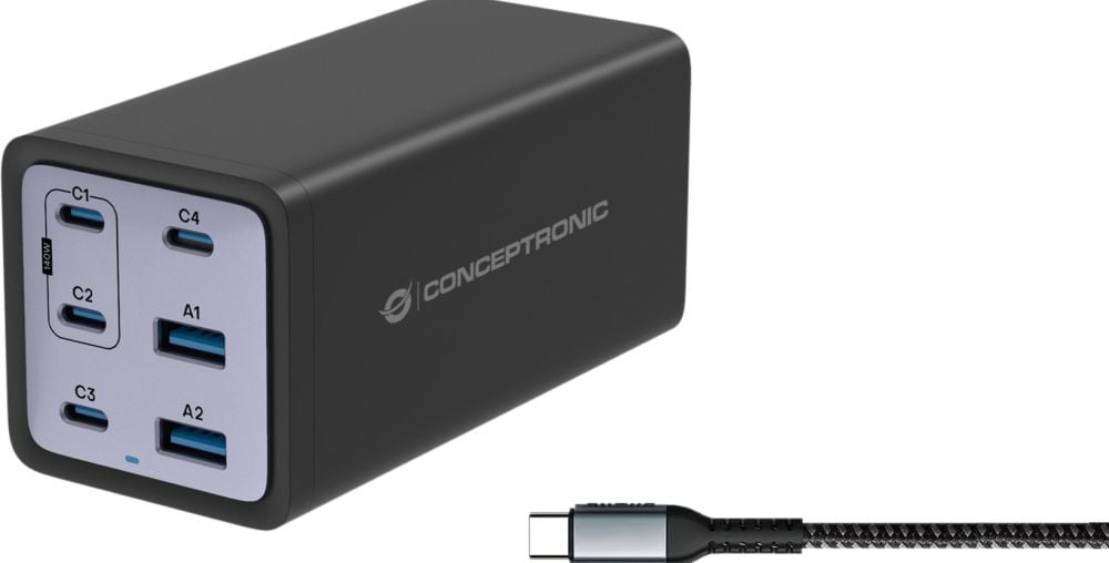 CONCEPTRONIC Lader 4Port 200W,4xUSB-C,2xUSB-A +3-in-1 zwart