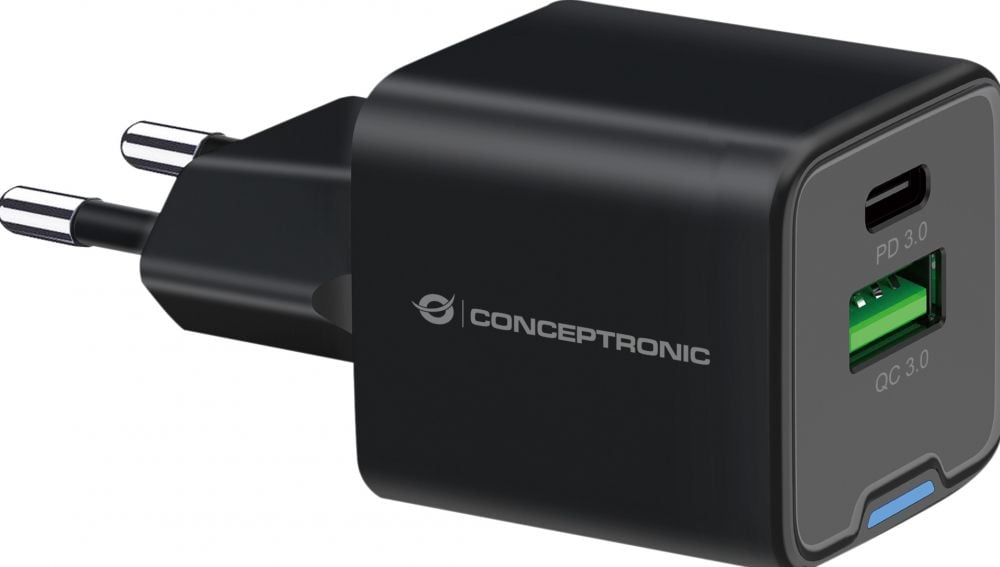 CONCEPTRONIC Lader 2Port 20W,1xUSB-C,1xUSB-A Desk PD zwart