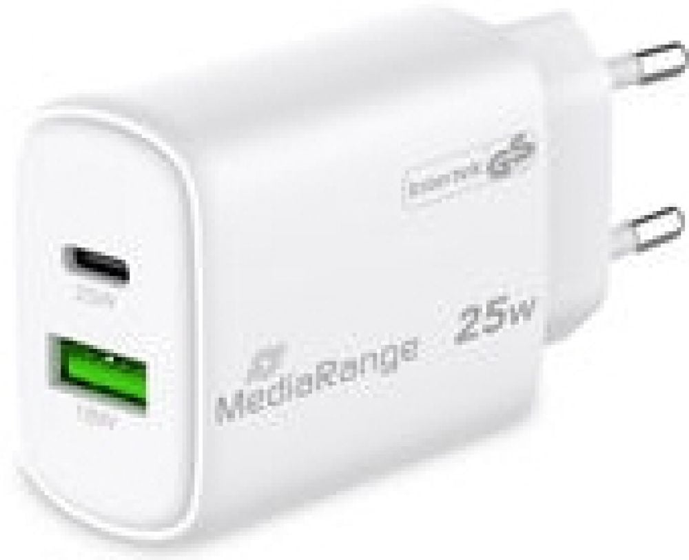 MediaRange Lader 25W 2-Port 1x USB-A/1x USB-C GaN, weiß