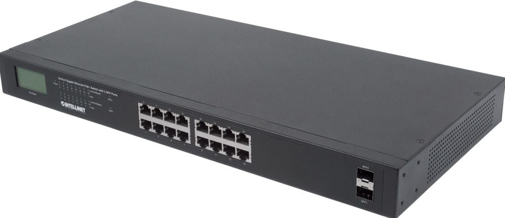 Intellinet Switch 16-Port Gigabit PoE+ LCD-Anzeige 19" 2xSFP