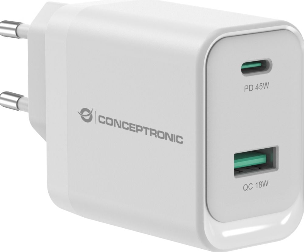 CONCEPTRONIC Lader 2Port 45W,1xUSB-C,1xUSB-A weiß