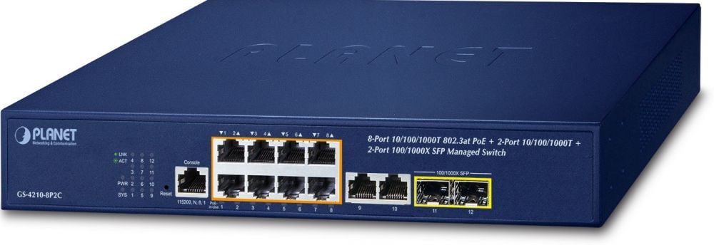 PLANET 8-Port GE GS-4210-8P2C 802.3at POE+