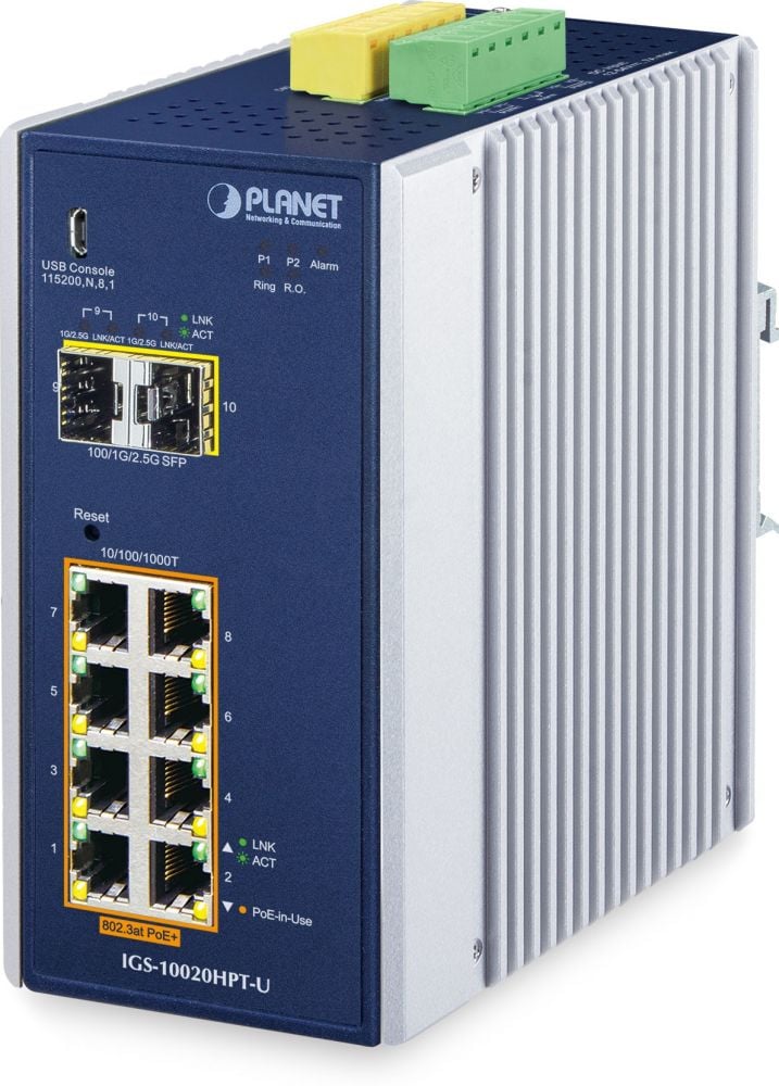 PLANET Industrial 8-Port GE PoE+ 2-port SFP IGS-10020HPT-U