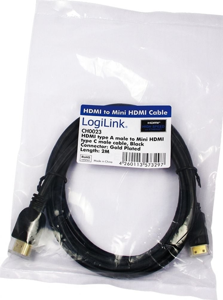 HDMI-Kabel LogiLink Ethernet A -> mini St/St 2.00m zw