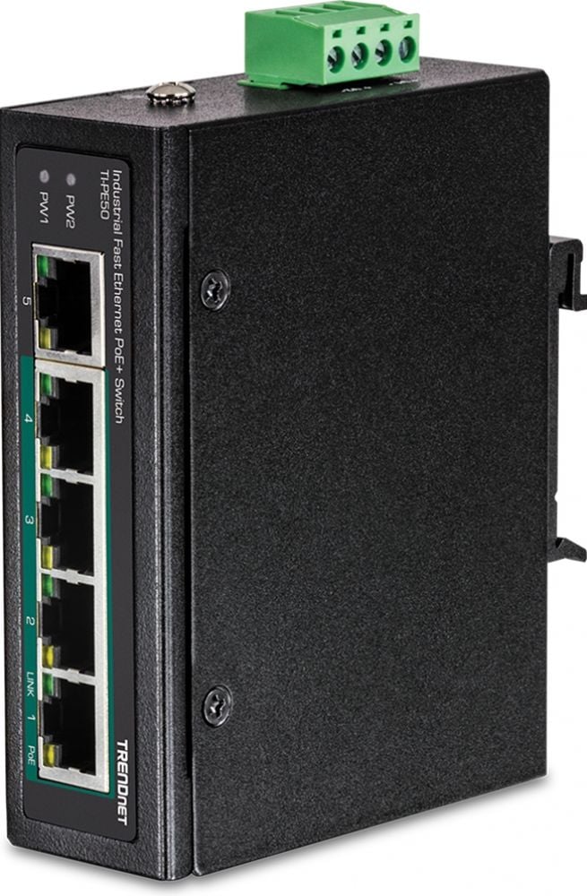 TRENDnet 5-Port Industrial Fast Eth. PoE+ DIN-Rail Switch
