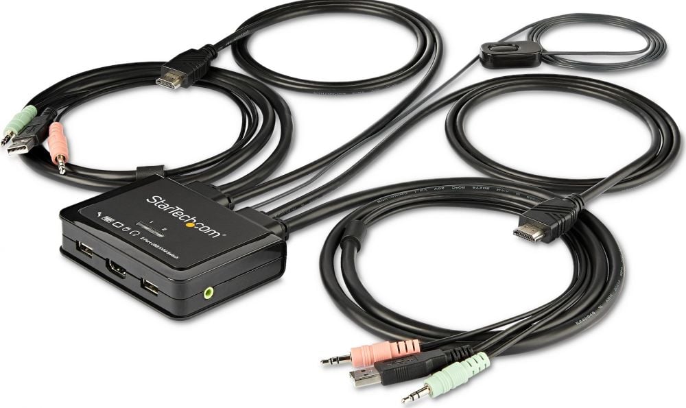 StarTech.com 2 Port HDMI KVM Switch, 4K 60Hz, Compact Dual Port UHDUltra HD USB Desktop KVM Switch with Integrated 4ft Cables & Audio, Bus Powered &