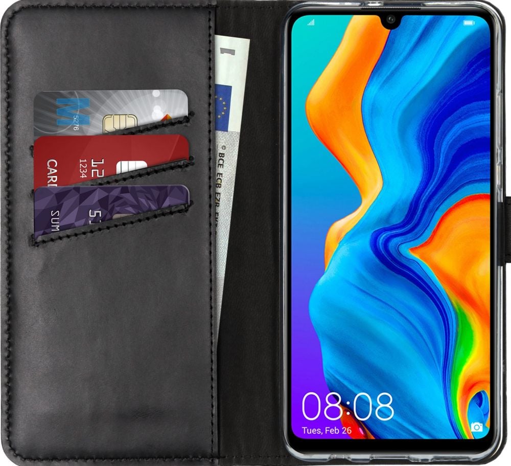 Selencia Echt Lederen Bookcase Huawei P30 Lite - Zwart