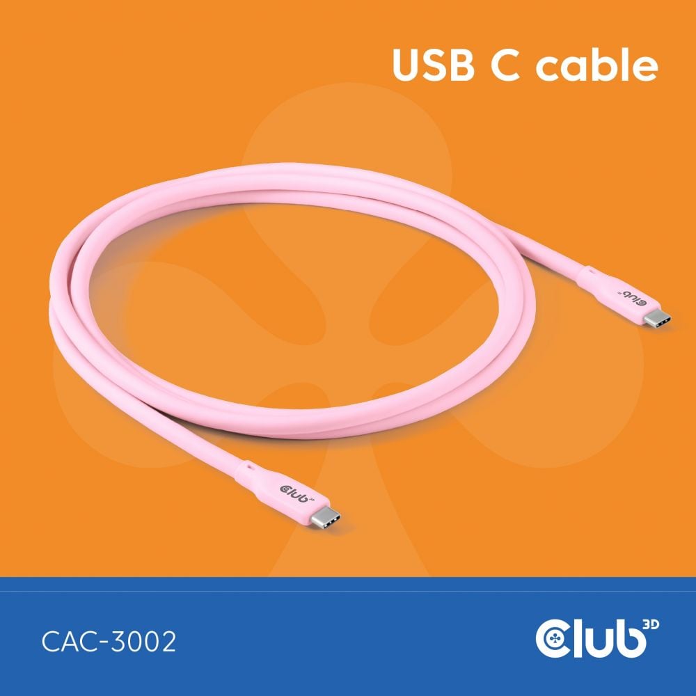 Club3D Lifestyle USB-C Kabel PD 240W,20Gbps 2m roze St/St retail