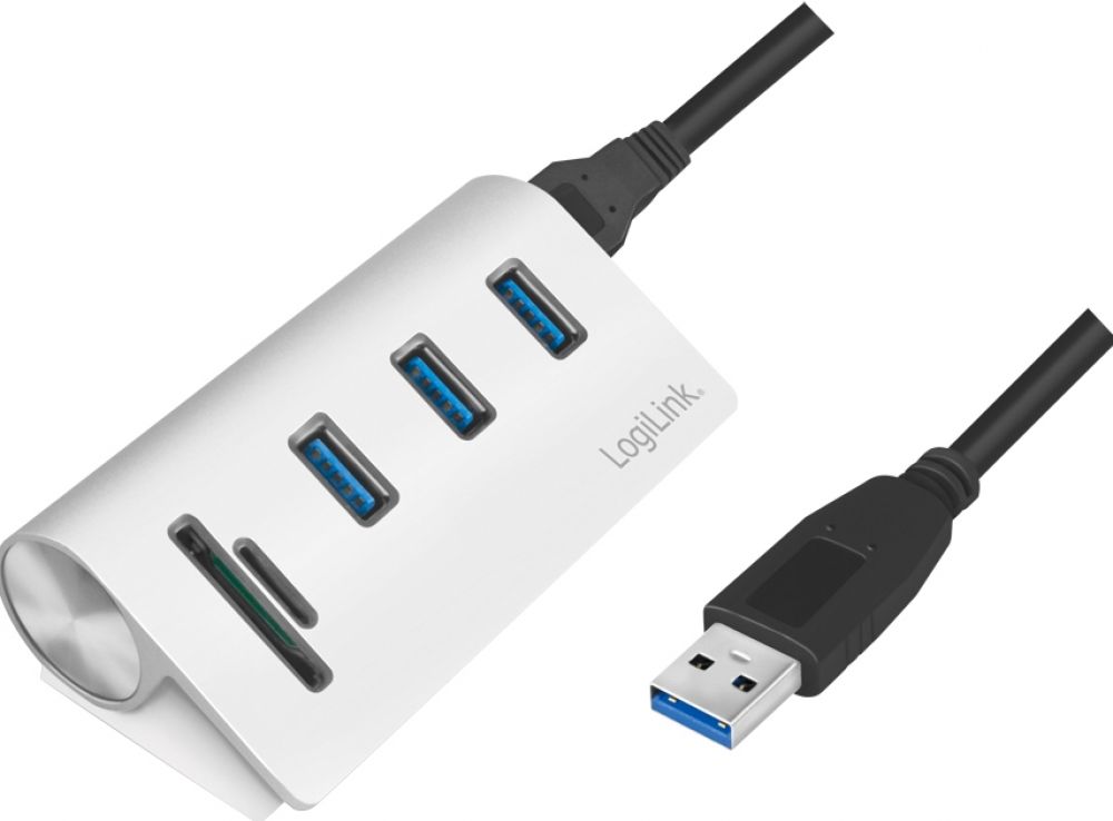 LogiLink USB HUB 3.0, 3-Port, met kaartnleser, ALU, zilver