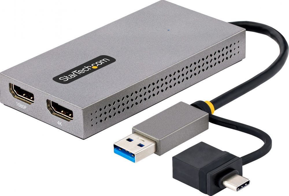 StarTech.com USB to Dual HDMI Adapter, USB AC to 2x HDMI Monitors (1x 4K 30Hz, 1x 1080p), Integrated USB-A to C Dongle, 4in11cm Cable, Windows & macOS