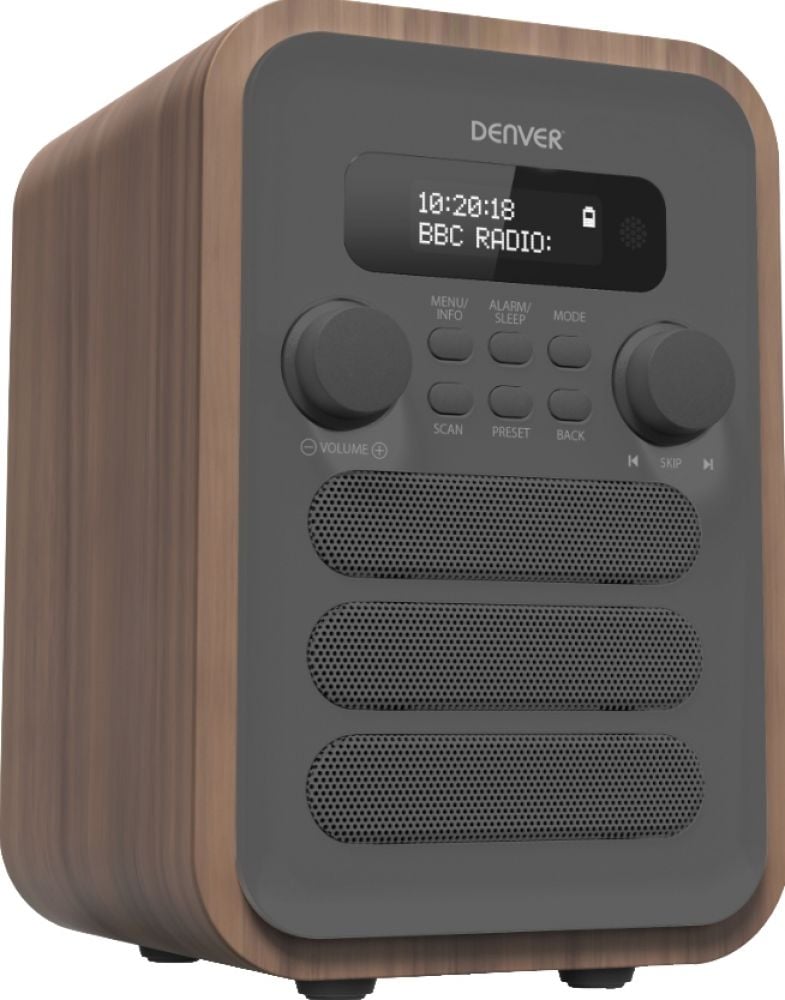Denver DAB-48GREY, Persoonlijk, Digitaal, DAB+, FM, 2,5 W, 3,5 mm, Grijs, Hout