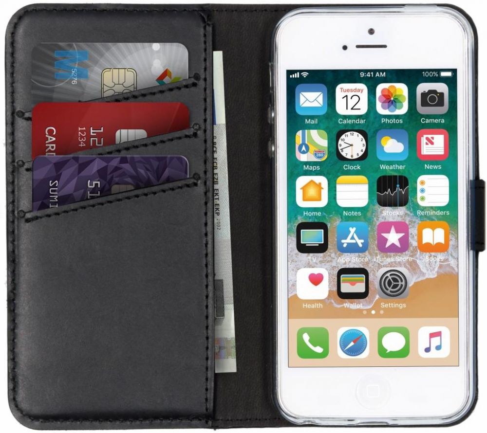 Selencia Echt Lederen Bookcase iPhone SE / 5 / 5s - Zwart