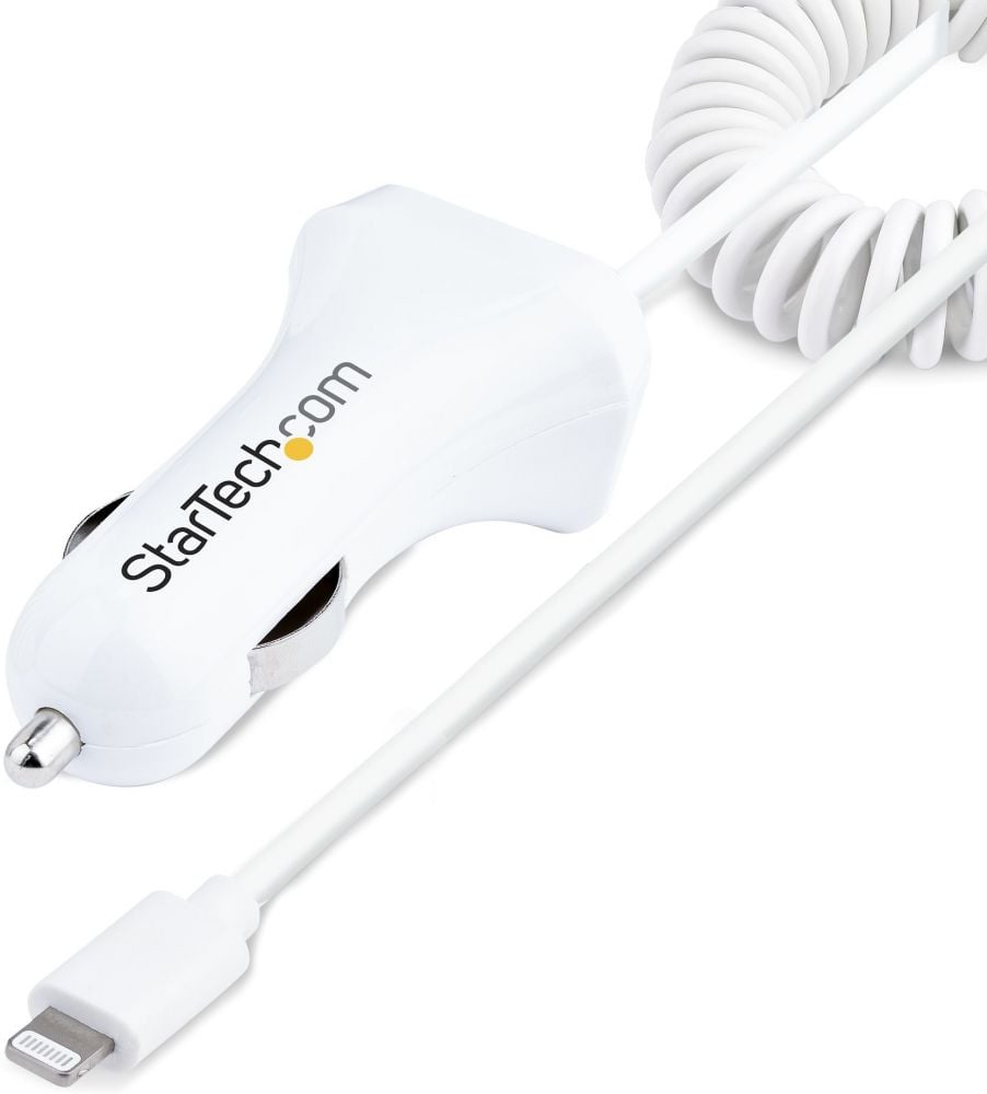 StarTech.com Lightning Car Charger with 1m Coiled Lightning Cable, 12W, White, 2 Port USB Car Charger Adapter for Phones and Tablets, In Car Apple