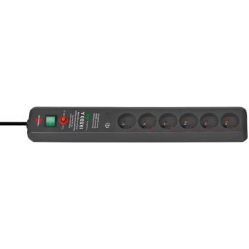 Brennenstuhl Secure-Tec, stekkerdoos, 6 sockets type E, 3m, zwart, met schakelaar en overspanningsbeveiliging. 1 stk - A-keuze