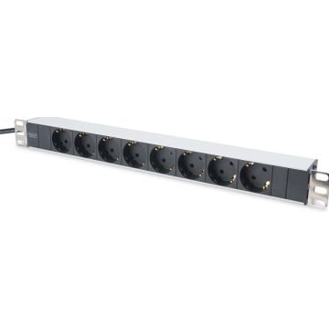 DIGITUS Professional Contactdoosstrook met aluminium profiel, 8-voudige geaarde contactdozen, 2 m kabel met geaarde stekker
