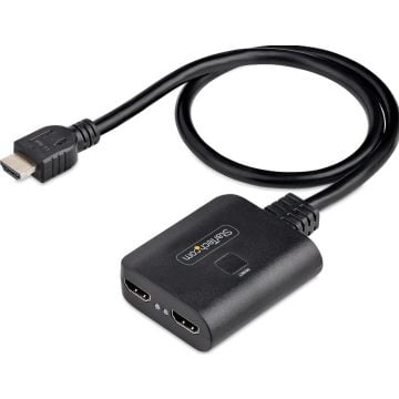 StarTech.com 2-Port HDMI Splitter, 4K 60Hz HDMI 2.0 Video, 4K HDMI Splitter 1 In 2 Out, 1x2 HDMI DisplayOutput Splitter, HDRHDCP - 20in (50cm) Built-in HDMI Cable, Powered via USB or Included Power Supply (HDMI-SPLITTER-4K60UP)