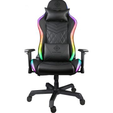 RGB-gamingstoel in kunstleer met ergonomische overeenkomsten met een racestoel die je in rallyauto's ziet! Met hoge rug en extra kussens voor hoofdsteun en rugleuning, zult u na talloze uren in deze stoel geen problemen hebben met rug en nek. De stoel kan