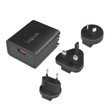 LogiLink USB Steckdosenadapter 1port,18W, voor QC 3.0, zwart.