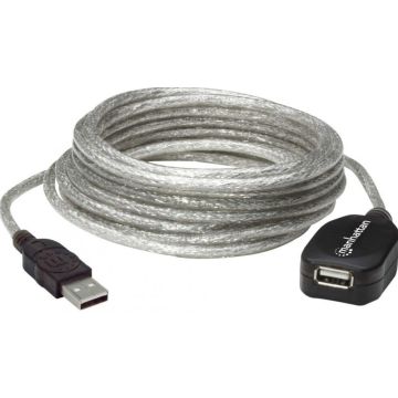 Manhattan USB-A to USB-A Extension Cable, 5m, Male to Female, Active, Translucent Silver, 480 Mbps (USB 2.0), Daisy-Chainable, Built In Repeater, Hi-Speed USB, Three Year Warranty, Blister - USB-verlengkabel