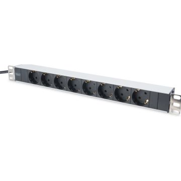 DIGITUS Professional Contactdoosstrook met aluminium profiel, 8-voudige geaarde contactdozen, 2 m kabel met geaarde stekker