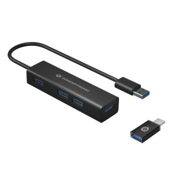 CONCEPTRONIC USB-Hub 4-Port 3.0 ->4x3.0 +TypC A o.Netzt. zwart