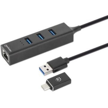MANHATTAN 3-Port USB 3.0 Type-C/A Kombo-Hub + Netzwerkadapter