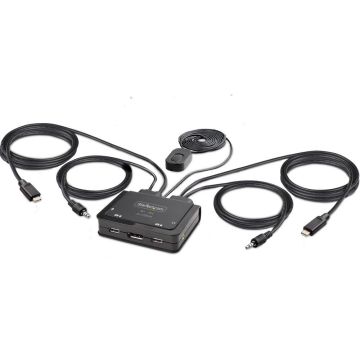 StarTech.com 2-Port USB-C Cable KVM Switch, 4K 60Hz DisplayPort Output, Compact KVM with 4ft1.2m USB Type-CAudio Integrated Cables, Bus Powered - Remote Push-ButtonHotkey Switching (C2-D46-UC2-CBL-KVM)