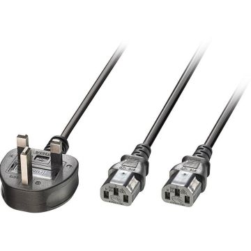 LINDY 2.5m UK 3 Pin Plug to 2 x IEC C13 Splitter Extension Cable. Black