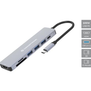 CONCEPTRONIC Dock USB-C-> 7-in-1 HDMI,USB3.0,SD,100WPD grau