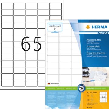 Herma 4254 Adresetiketten Premium A4 38,1x21,2 mm ronde hoeken wit papier mat 6500 st.