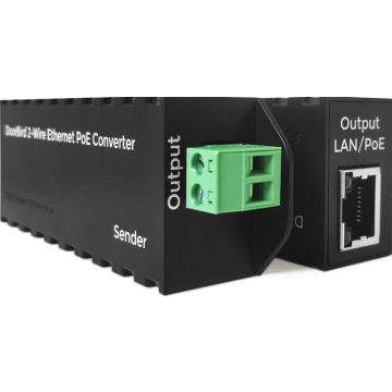 De DoorBird 2 Wire Ethernet PoE Converter is waarschijnlijk s werelds kleinste en krachtigste converter Het staat toe u om netwerkgegevens Ethernet en voeding PoE over te zetten met een eenvoudige tweedraadskabel over lange afstanden Bijvoorbeeld bes
