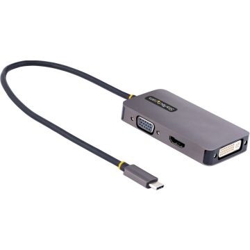 StarTech.com USB C Video Adapter, USB C to HDMI DVI VGA Adapter, Up to 4K 60Hz, Aluminum, Multiport Video Display Adapter for Laptops, Thunderbolt 34 Compatible, USB Type C Monitor Adapter - USB C Travel Adapter (118-USBC-HDMI-VGADVI)