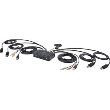 StarTech.com 2-Port Dual-Monitor DisplayPort Cable KVM Switch, 4K 60Hz, Compact KVM with 5ft1.5m USB-ADisplayPortAudio Integrated Cables, Bus Powered - Remote Push ButtonHotkey Switching (C2-DD46-UA2-CBL-KVM)